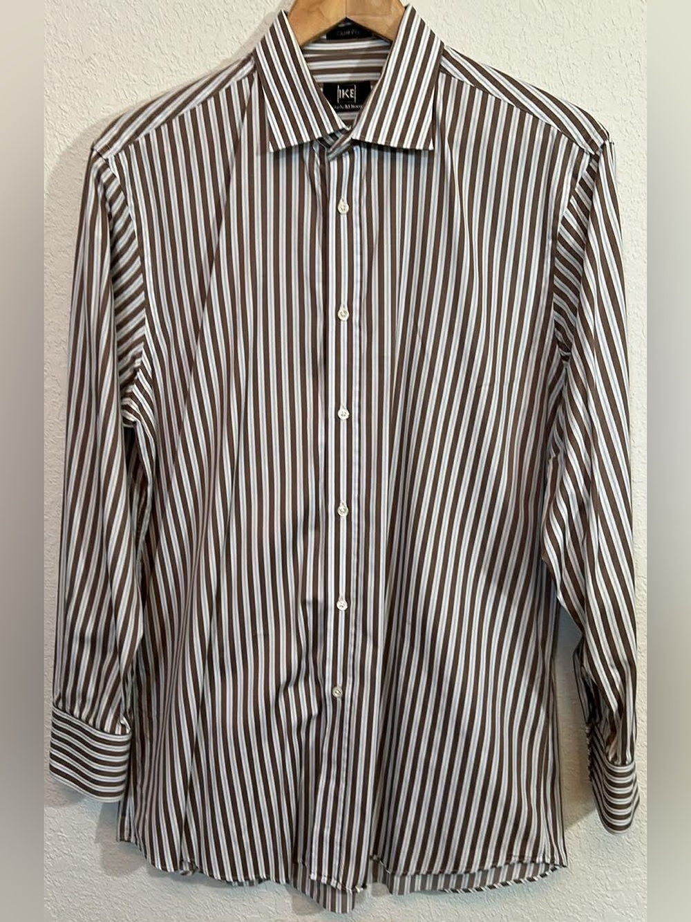 IKE Brown & White/Blue Stripe Dress Shirt